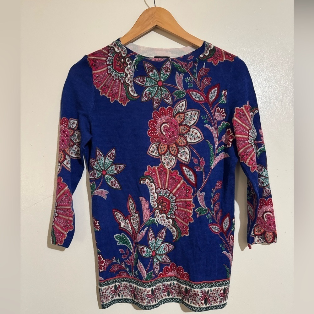 Talbots pure merino wool Floral Patterned Blue Top sweater crew neck small